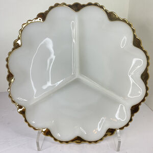 Vintage Fire King Anchor Hocking Milk White Glass Divided Dish Gold Trim